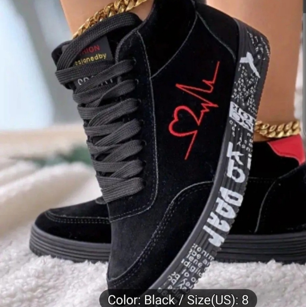 Black Sneakers with Red Heartbeat Design